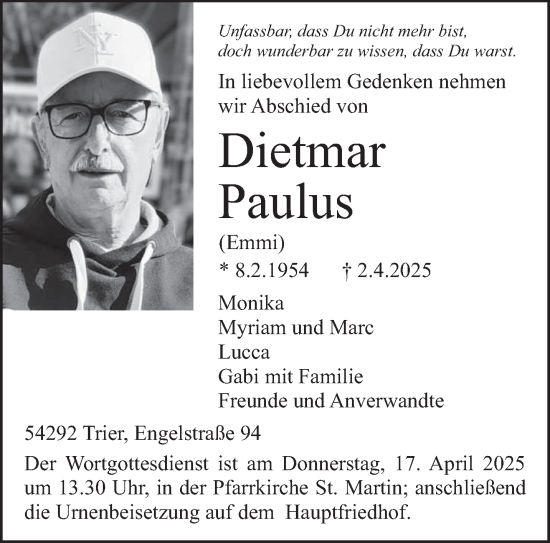Todesanzeige von Dietmar Paulus von trierischer_volksfreund