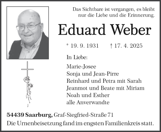 Todesanzeige von Eduard Weber von trierischer_volksfreund