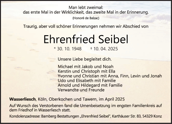 Todesanzeige von Ehrenfried Seibel von trierischer_volksfreund