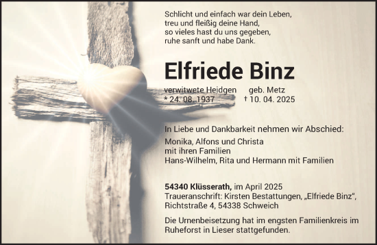 Todesanzeige von Elfriede Binz von trierischer_volksfreund