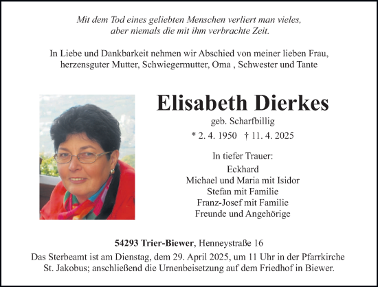 Todesanzeige von Elisabeth Dierkes von trierischer_volksfreund