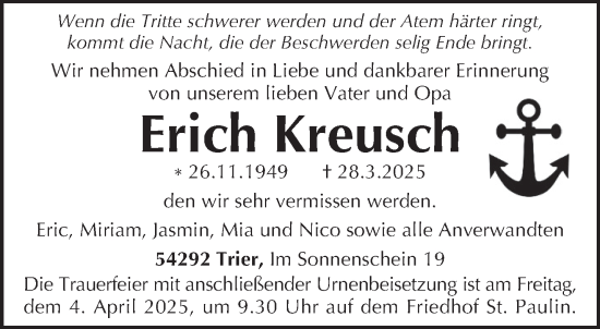 Todesanzeige von Erich Kreusch von trierischer_volksfreund