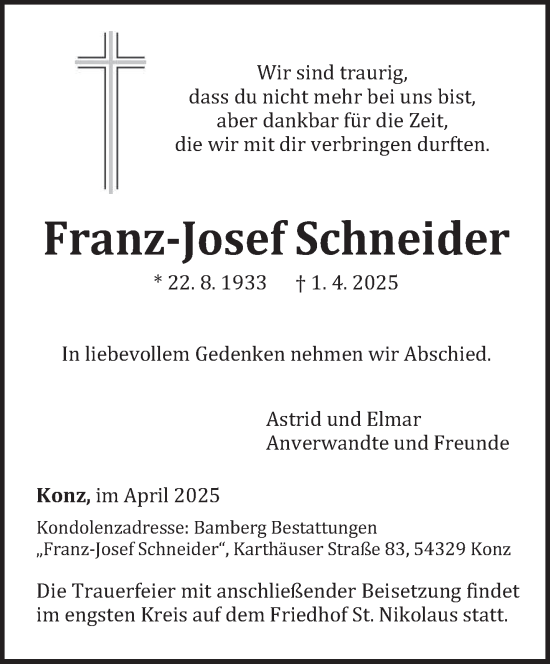Todesanzeige von Franz-Josef Schneider von trierischer_volksfreund