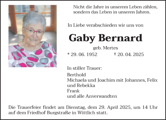 Todesanzeige von Gaby Bernard von trierischer_volksfreund