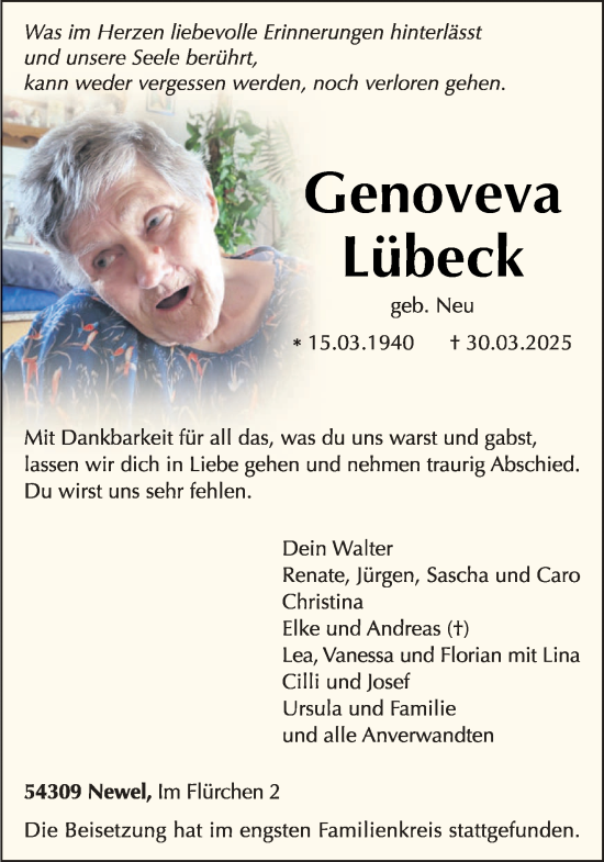 Todesanzeige von Genoveva Lübeck von trierischer_volksfreund