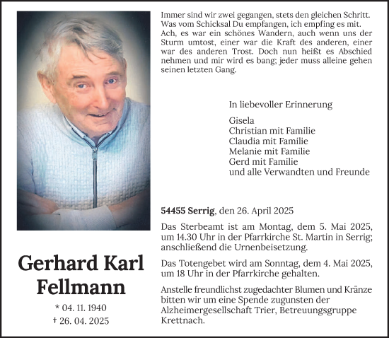Todesanzeige von Gerhard Karl von trierischer_volksfreund