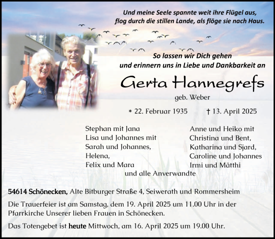 Todesanzeige von Gerta Hannegrefs von trierischer_volksfreund