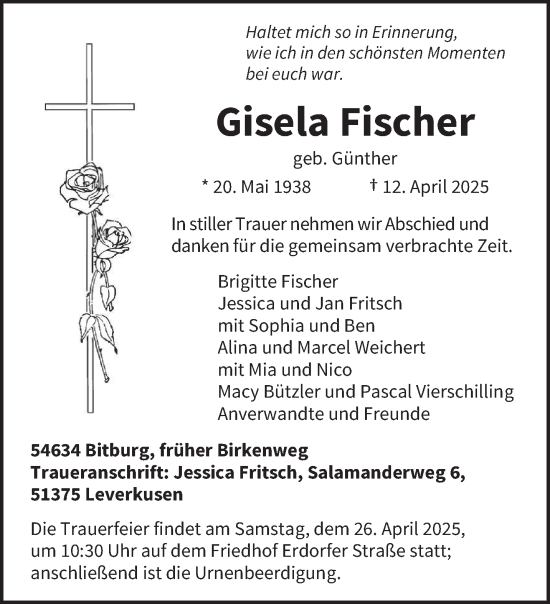 Todesanzeige von Gisela Fischer von trierischer_volksfreund