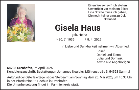 Todesanzeige von Gisela Haus von trierischer_volksfreund