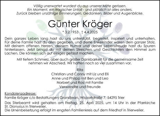 Todesanzeige von Günter Kröger von trierischer_volksfreund