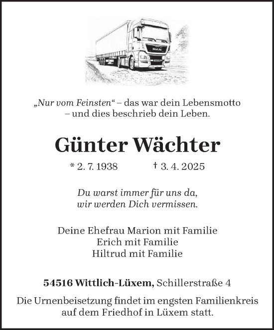 Todesanzeige von Günter Wächter von trierischer_volksfreund