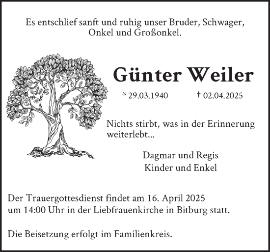 Todesanzeige von Günter Weiler von trierischer_volksfreund