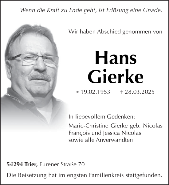 Todesanzeige von Hans Gierke von trierischer_volksfreund