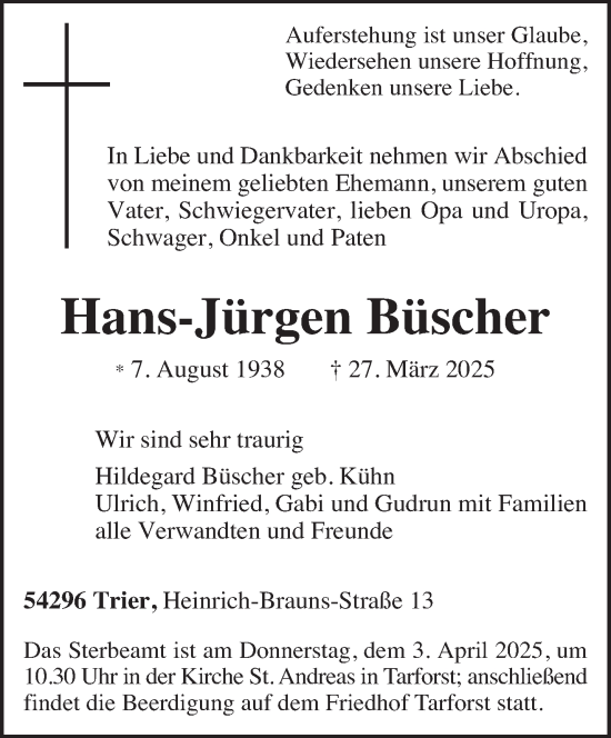 Todesanzeige von Hans-Jürgen Büscher von trierischer_volksfreund