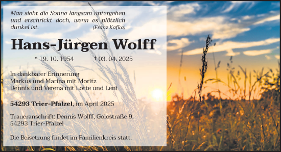 Todesanzeige von Hans-Jürgen Wolff von trierischer_volksfreund