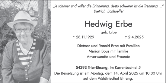 Todesanzeige von Hedwig Erbe von trierischer_volksfreund