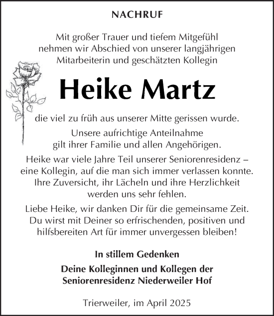 Todesanzeige von Heike Martz von trierischer_volksfreund