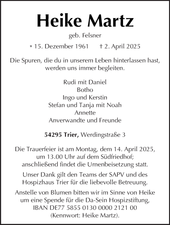 Todesanzeige von Heike Martz von trierischer_volksfreund