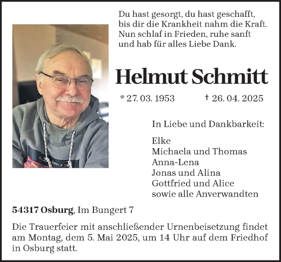 Todesanzeige von Helmut Schmitt von trierischer_volksfreund