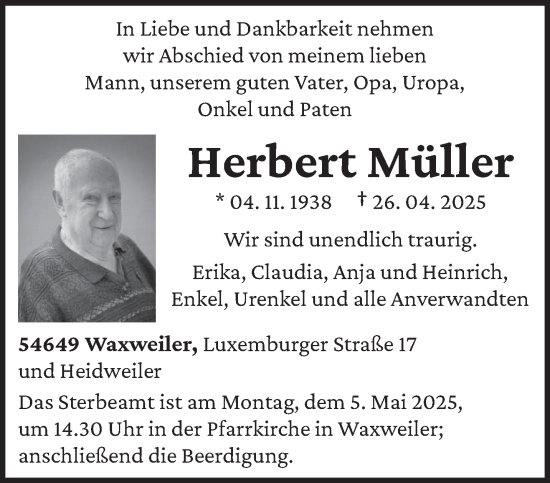 Todesanzeige von Herbert Müller von trierischer_volksfreund