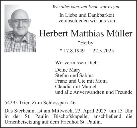 Todesanzeige von Herbert Matthias Müller von trierischer_volksfreund