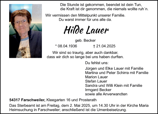Todesanzeige von Hilde Lauer von trierischer_volksfreund