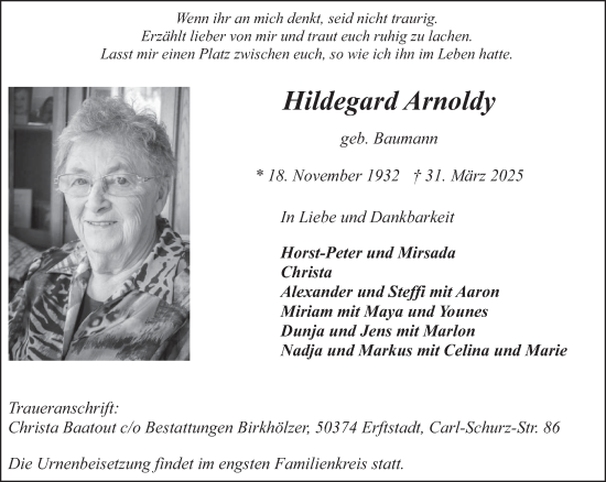 Todesanzeige von Hildegard Arnoldy von trierischer_volksfreund