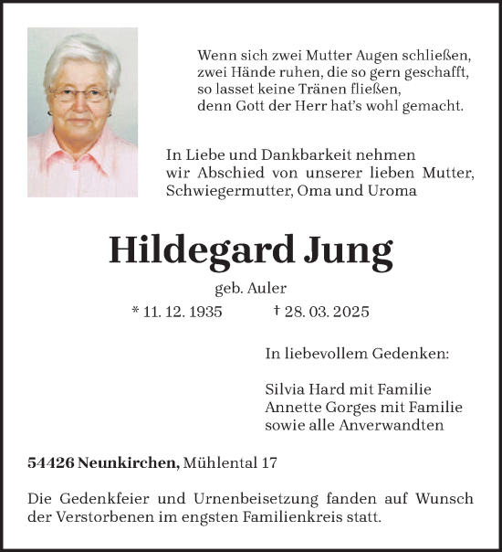 Todesanzeige von Hildegard Jung von trierischer_volksfreund