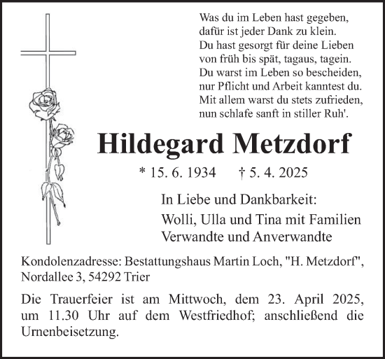 Todesanzeige von Hildegard Metzdorf von trierischer_volksfreund