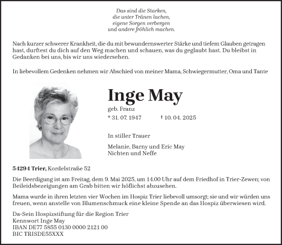 Todesanzeige von Inge May von trierischer_volksfreund