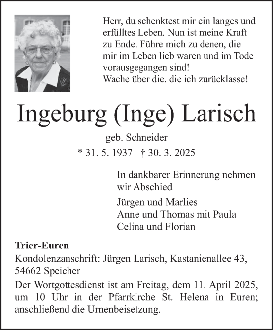 Todesanzeige von Ingeburg Larisch von trierischer_volksfreund