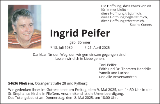 Todesanzeige von Ingrid Peifer von trierischer_volksfreund