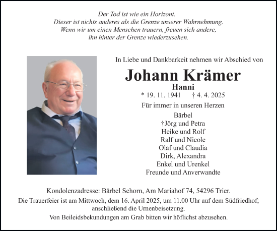 Todesanzeige von Johann Krämer von trierischer_volksfreund