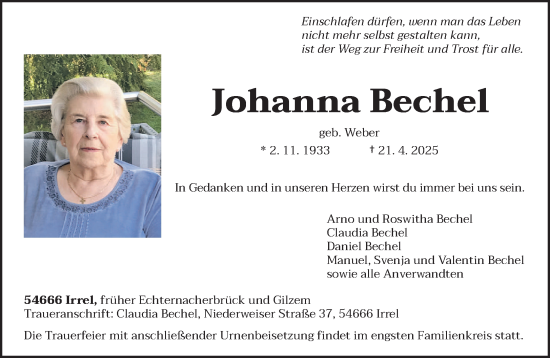 Todesanzeige von Johanna Bechel von trierischer_volksfreund