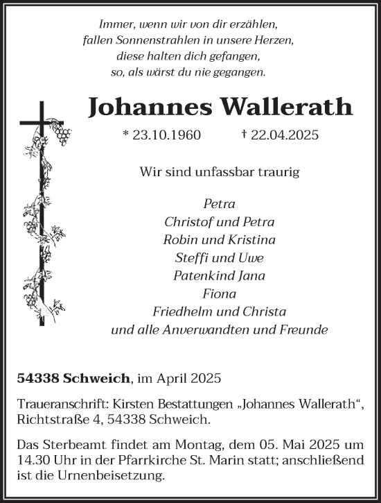 Todesanzeige von Johannes Wallerath von trierischer_volksfreund