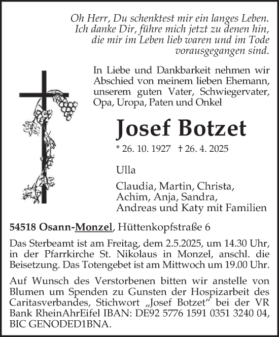 Todesanzeige von Josef Botzet von trierischer_volksfreund