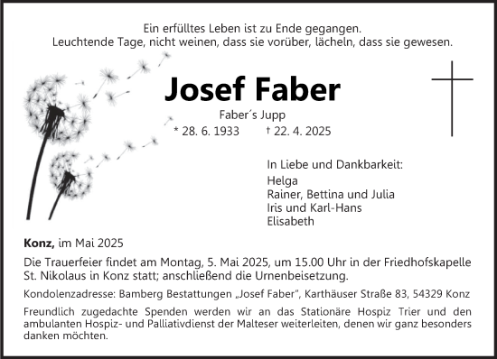 Todesanzeige von Josef Faber von trierischer_volksfreund