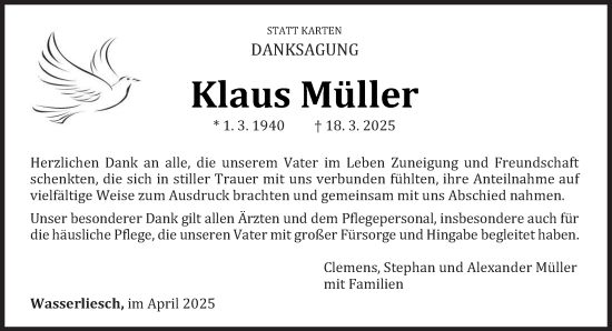 Todesanzeige von Klaus Müller von trierischer_volksfreund