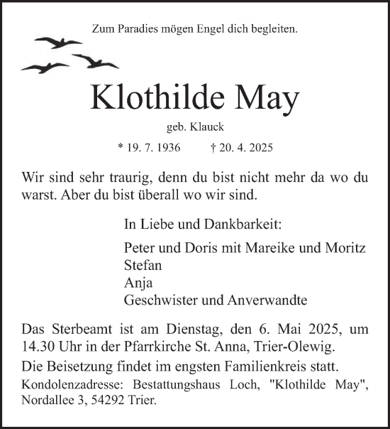 Todesanzeige von Klothilde May von trierischer_volksfreund