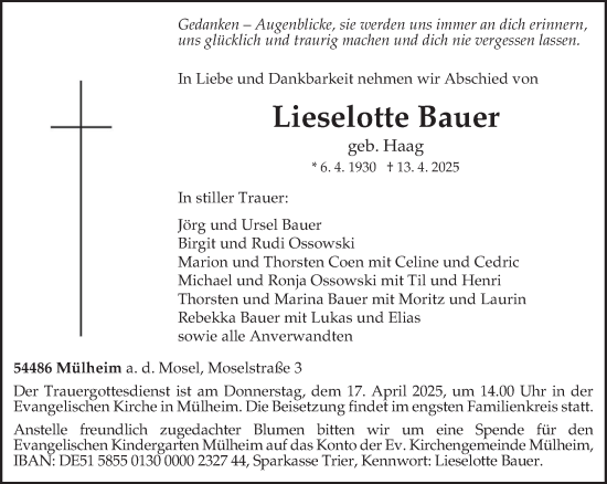 Todesanzeige von Lieselotte Bauer von trierischer_volksfreund