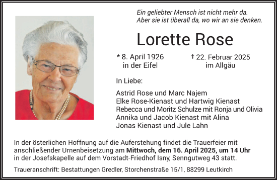 Todesanzeige von Lorette Rose von trierischer_volksfreund