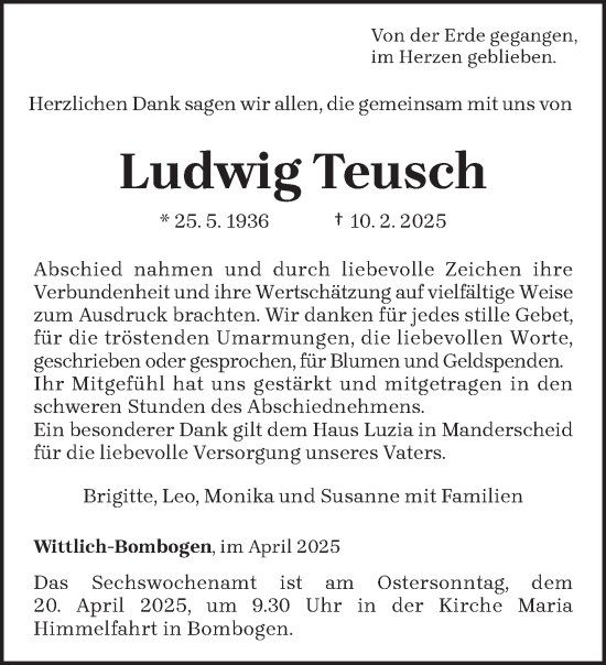 Todesanzeige von Ludwig Teusch von trierischer_volksfreund