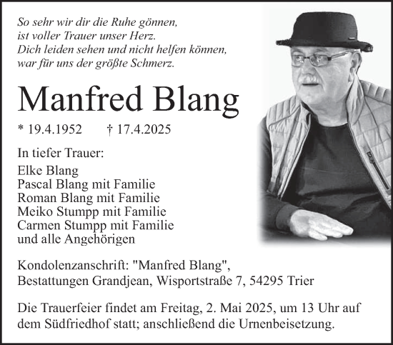 Todesanzeige von Manfred Blang von trierischer_volksfreund