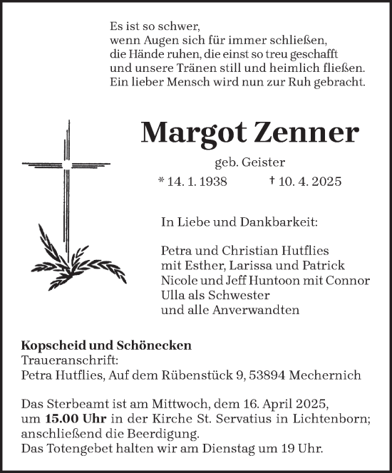 Todesanzeige von Margot Zenner von trierischer_volksfreund
