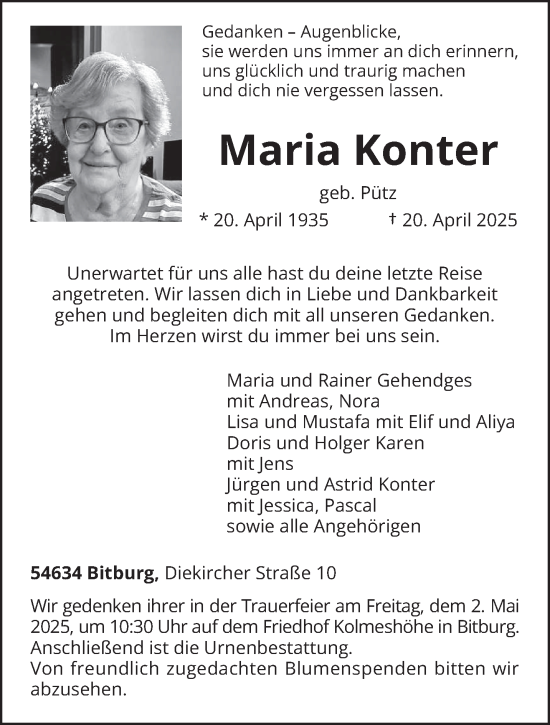 Todesanzeige von Maria Konter von trierischer_volksfreund