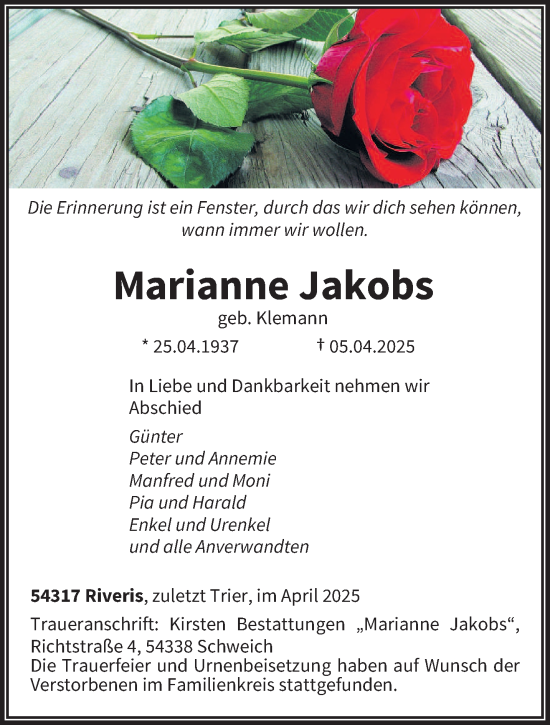 Todesanzeige von Marianne Jakobs von trierischer_volksfreund