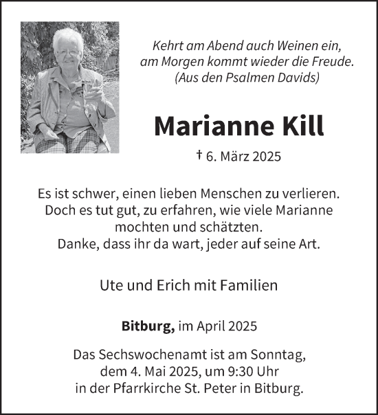 Todesanzeige von Marianne Kill von trierischer_volksfreund
