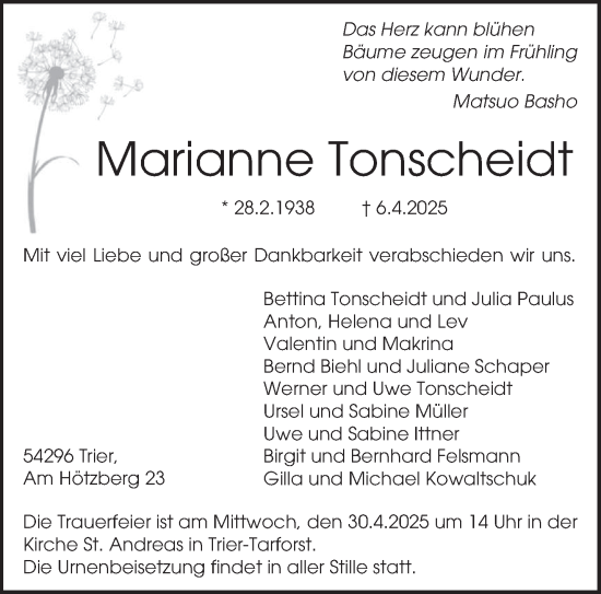 Todesanzeige von Marianne Tonscheidt von trierischer_volksfreund