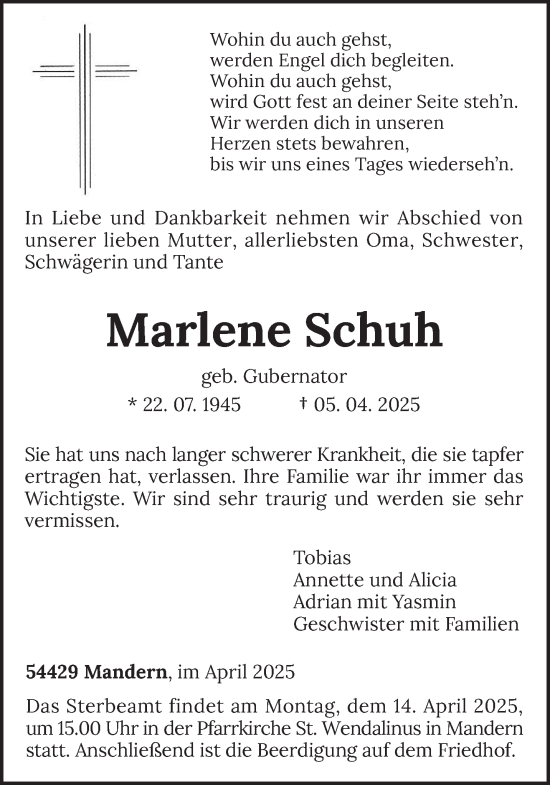 Todesanzeige von Marlene Schuh von trierischer_volksfreund