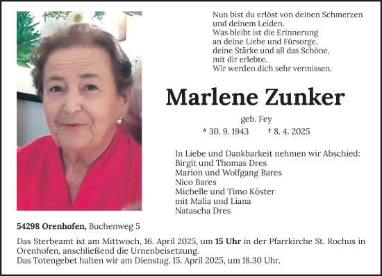 Todesanzeige von Marlene Zunker von trierischer_volksfreund